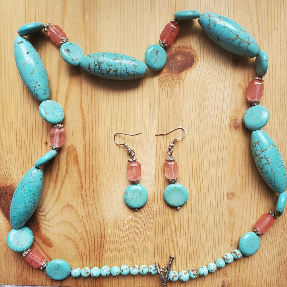 Jade and Pink Stone Earings and Necklace